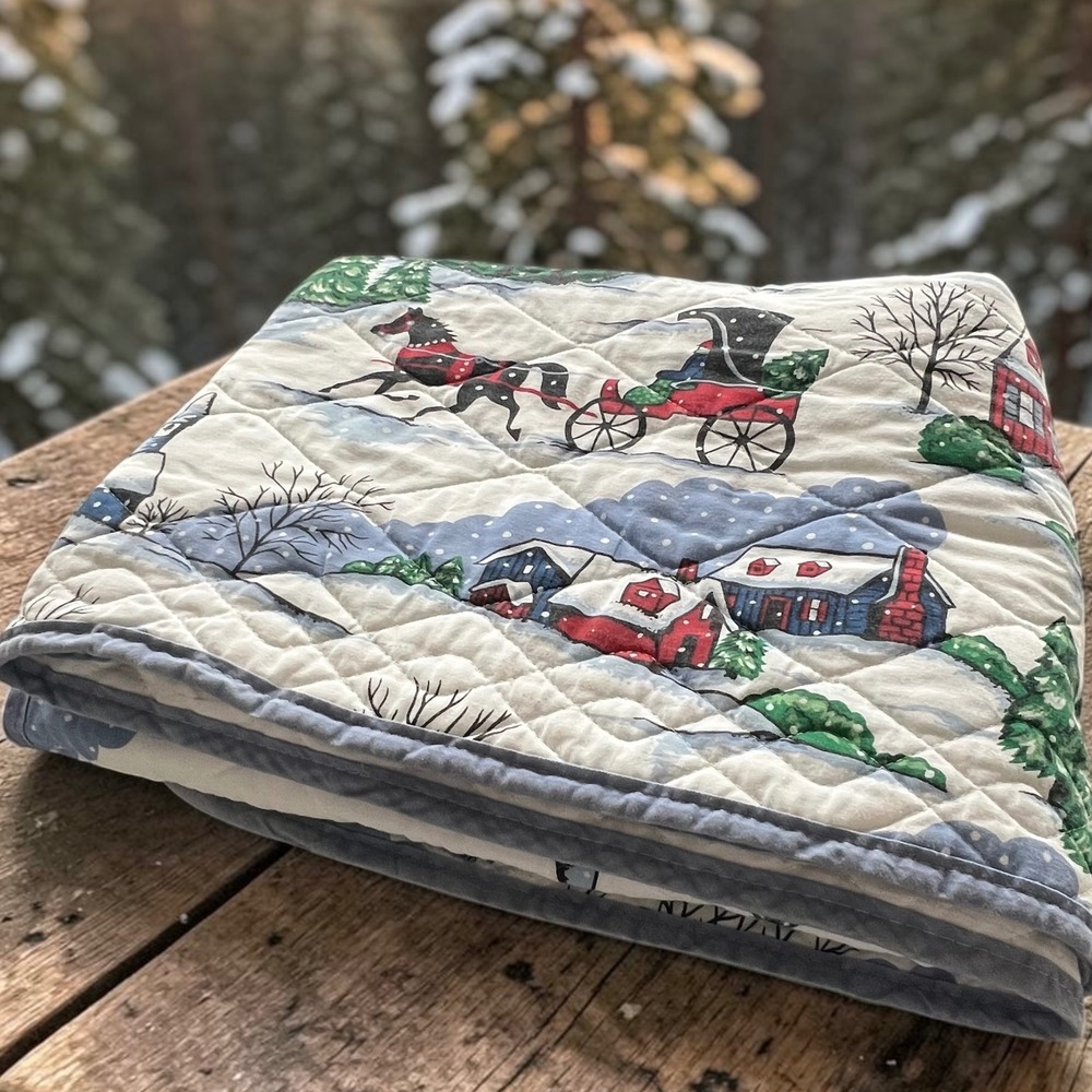 Vintage Winter Village Quilted Bedspread Full Size Horse Carriage Snow Scene